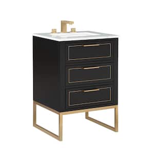 Markham 24in. W x 22in. D x 34in. H Free-standing Single Bath Vanity in Black/Satin Brass with White Marble top