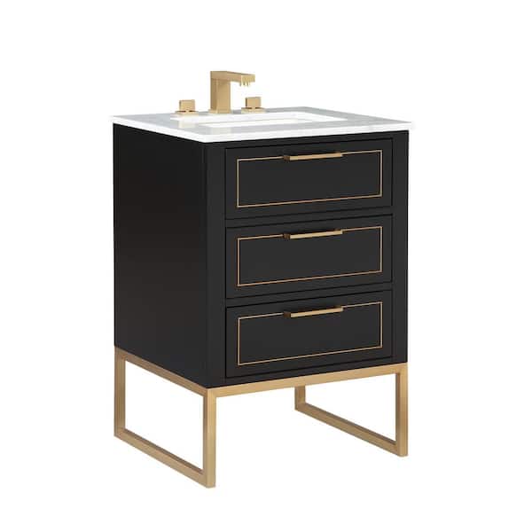 Markham 24in. W x 22in. D x 34in. H Free-standing Single Bath Vanity in Black/Satin Brass with White Marble top