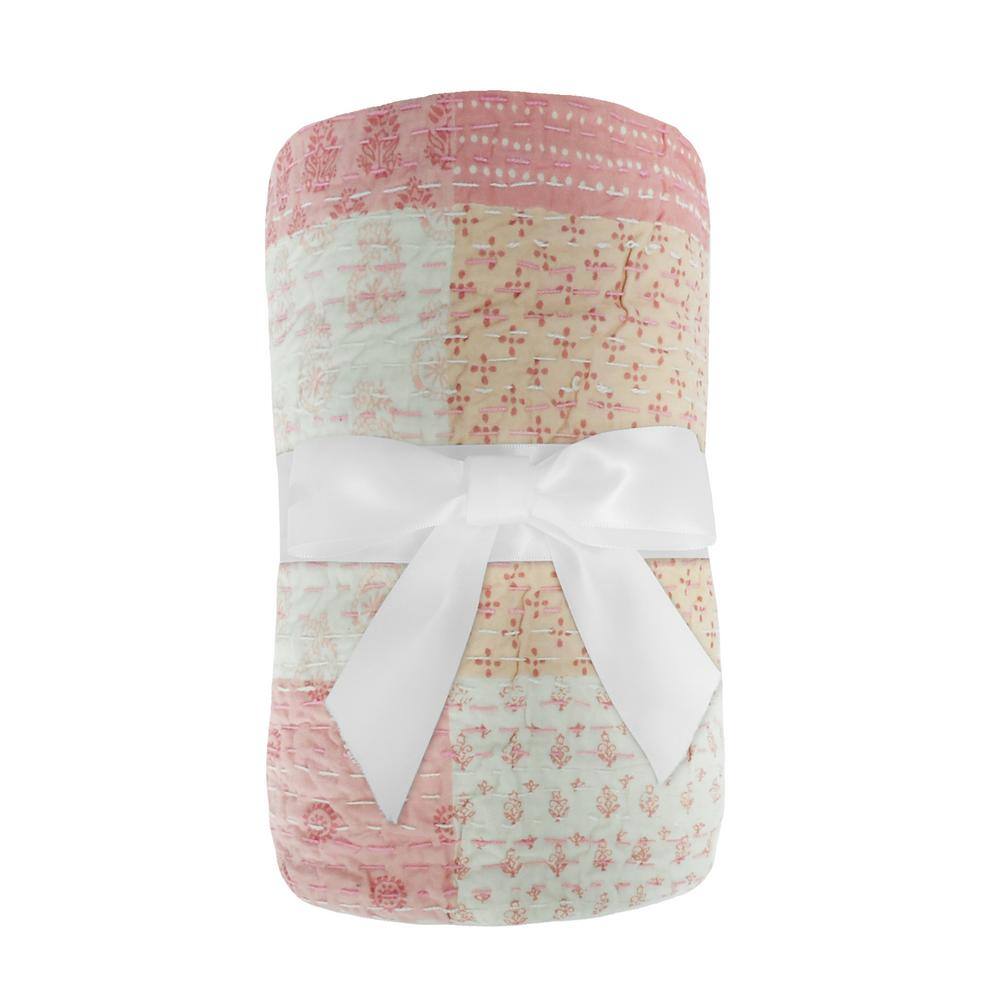 Light Pink Cotton Patchwork Kantha Throw Blanket, 50" x 70"