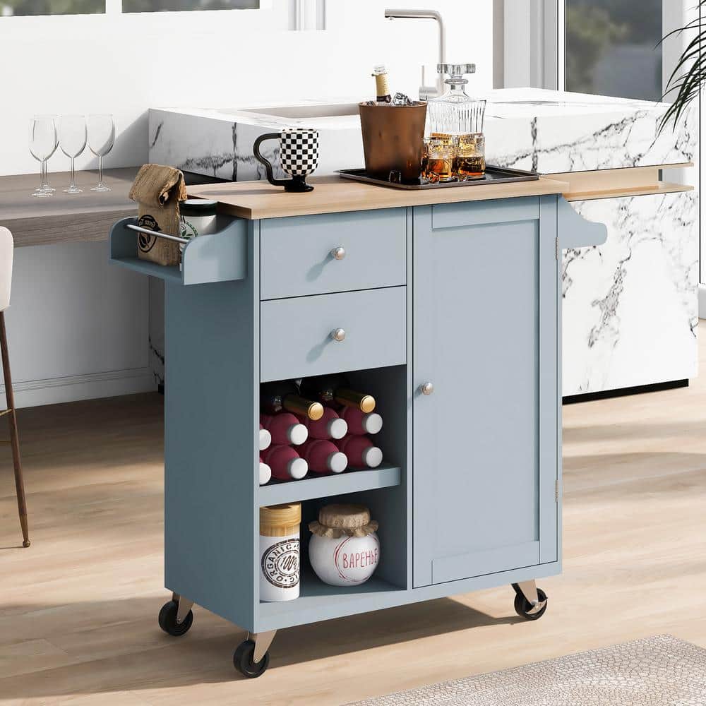 ARTCHIRLY Brown Solid Wood Top 41.3 in. Grey Blue Kitchen Island Cart ...