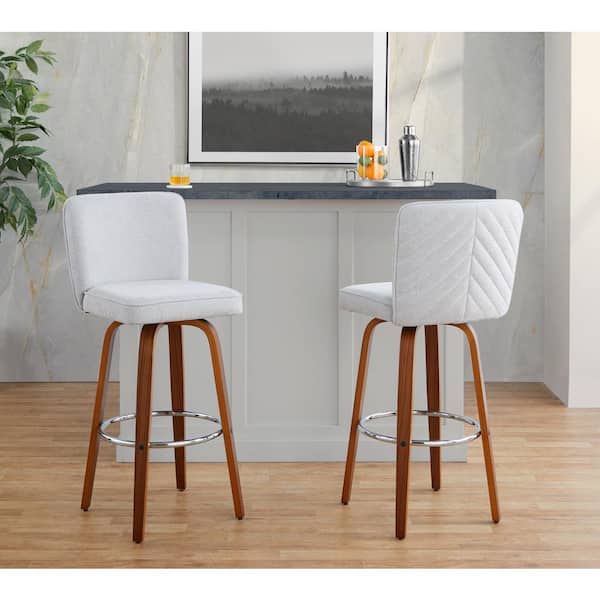 Lumisource Henry 30.75 in. Beige Fabric, Walnut Wood and Chrome Metal Fixed-Height Barstool (Set of 2)