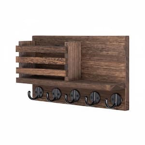 11.8 in. W x 2.8 in. D Brown Key Holder for Wall, Solid Wood Decorative Wall Shelf with 5 Metal Key Hooks