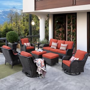 Moonlight Brown 8-Piece Wicker Patio Conversation Seating Sofa Set with Orange Red Cushions and Swivel Rocking Chairs