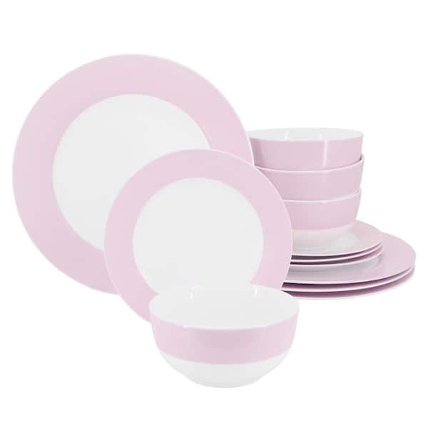 MARTHA STEWART 12-Piece Blush Pink Banded Fine Ceramic Dinnerware Set