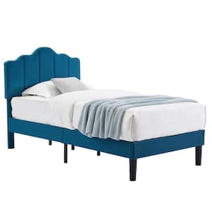 Platform Bed Frame, Blue Metal Frame Twin Size Platform Bed with Headboard Fabric Upholstered Wood Slat Support