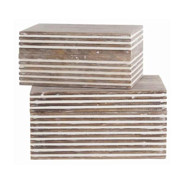 THE URBAN PORT Whitewash Wooden Decorative Storage Box with Block Stripe Pattern (Set of 2)