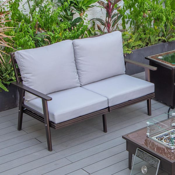 Leisuremod Walbrooke Brown 1-Piece Metal Outdoor Loveseat with Light Grey Cushions