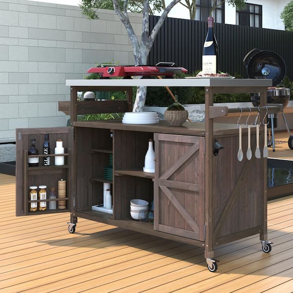 Unbranded Dark Brown Solid Wood Outdoor Rolling Bar Grill Cart with Stainless Steel Top and Spice Rack