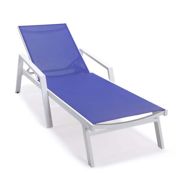 Leisuremod Marlin Modern White Aluminum Outdoor Chaise Lounge Chair With Arms and Fire Pit Table (Navy Blue)
