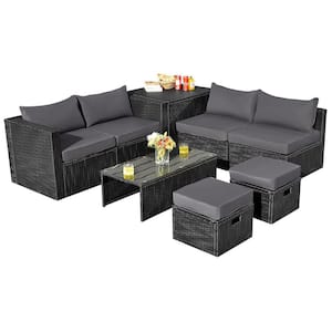 8-Piece All Weather PE Wicker Garden Outdoor Patio Conversation Sofa Set with Gray Cushions and Waterproof Cover