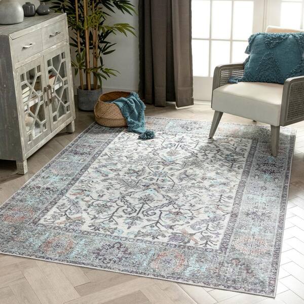 Well Woven Lotus Macon Machine Washable Vintage Medallion Botanical Border Beige Flat-Weave Distressed 5'3 x 7'3 Area Rug Well Woven Lotus Macon Machine Washable Vintage Medallion Botanical Border Beige Flat-Weave Distressed 5'3 x 7'3 Area Rug