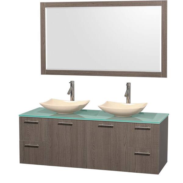 Wyndham Collection Amare 60 in. Double Vanity in Gray Oak with Glass Vanity Top in Green, Marble Sinks and 58 in. Mirror