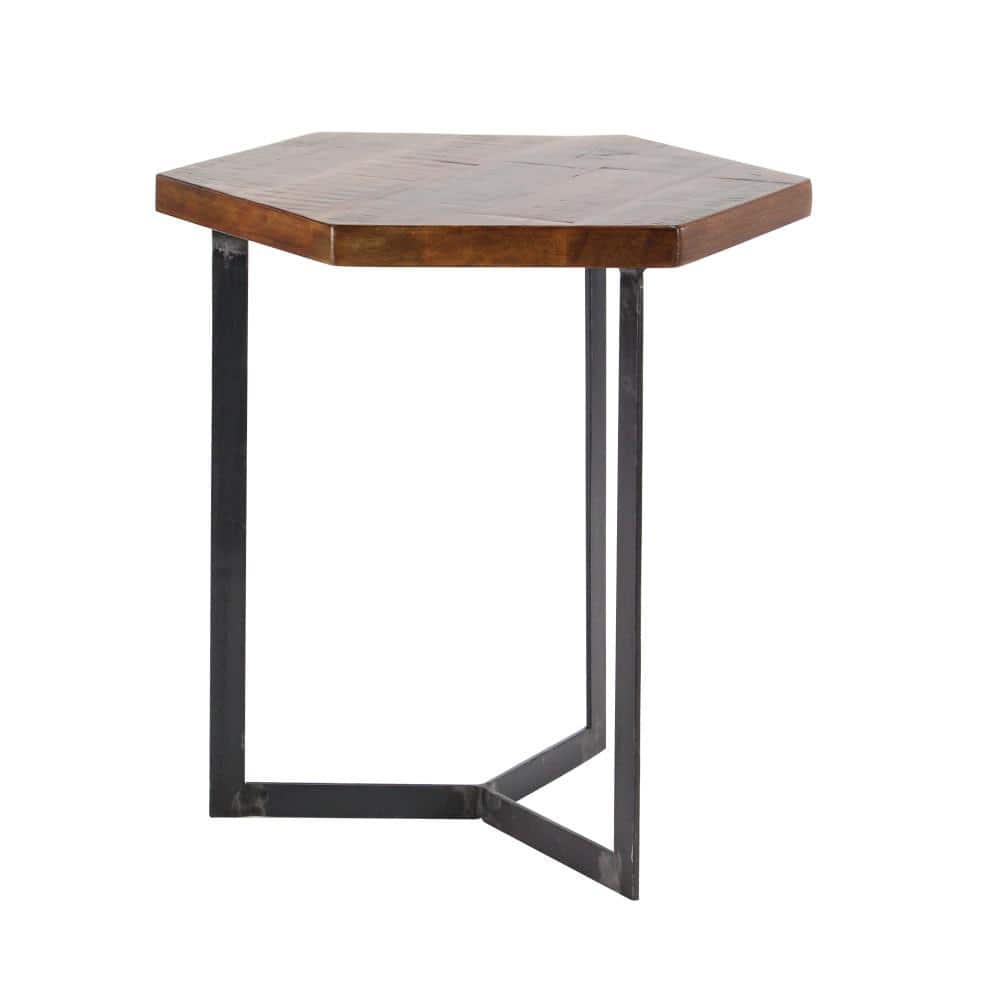 Hexagon Mango Wood and Black Metal Accent Tables, Set of 3