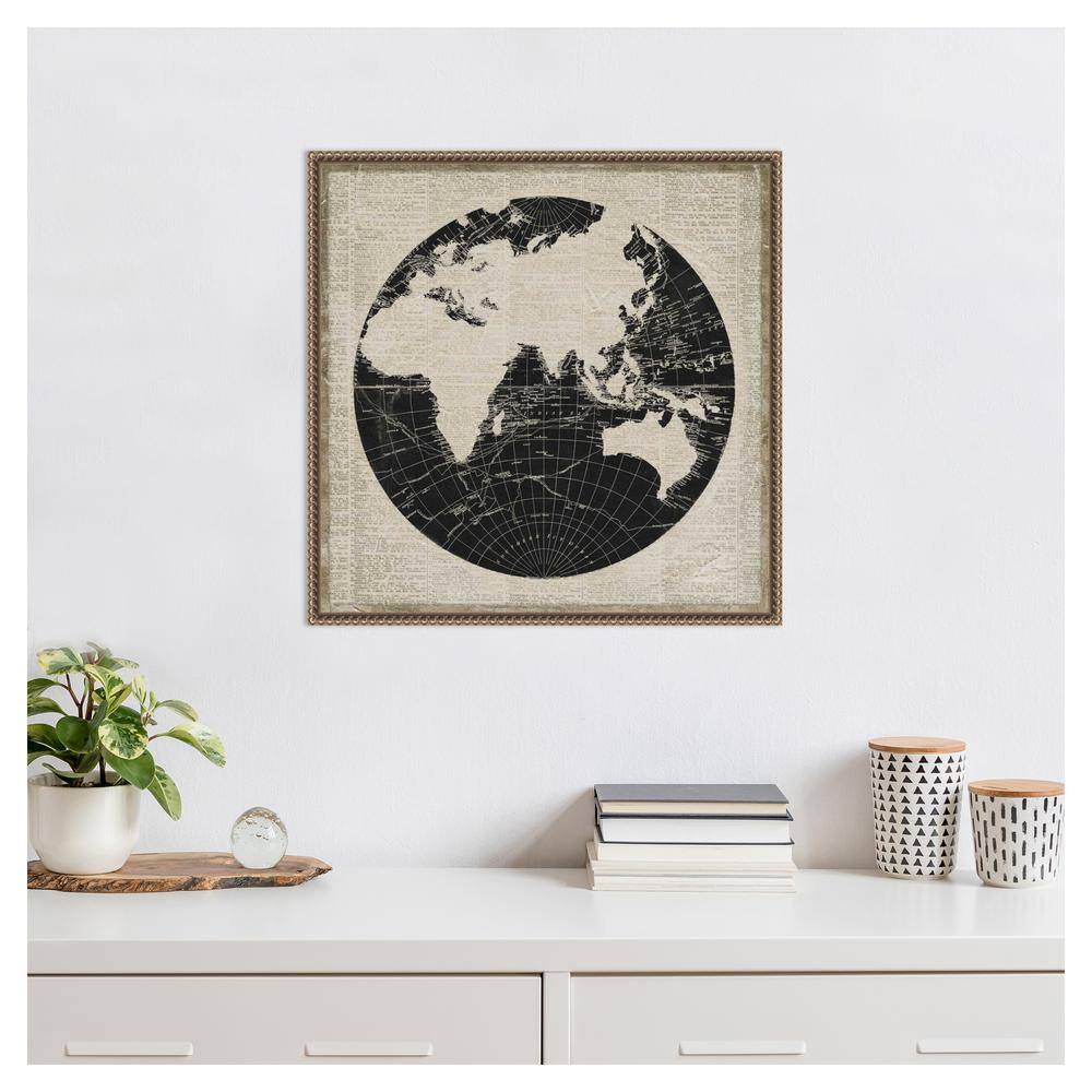 World News Map II Navy Canvas Print with Bronze Frame
