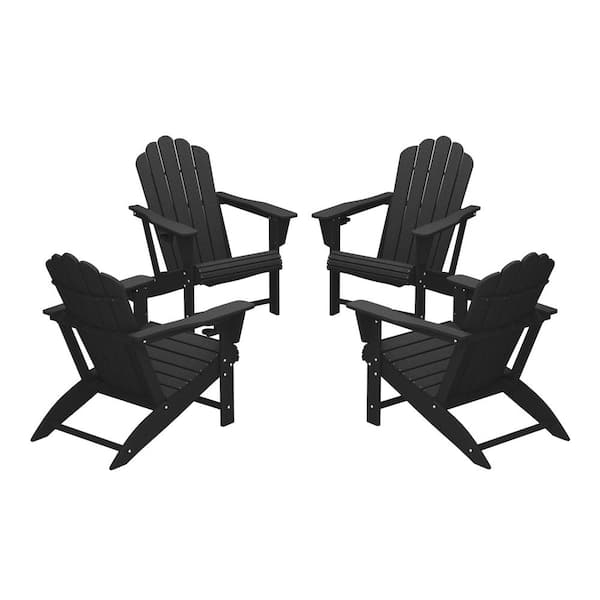 Aderson Set of 4 All Weather Fade Resistant Outdoor Patio HDPE Adirondack Chairs with Cup Holders in Black