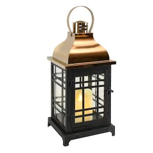 Metal Lantern with Moving Flame LED Candle - Black with Gold Roof