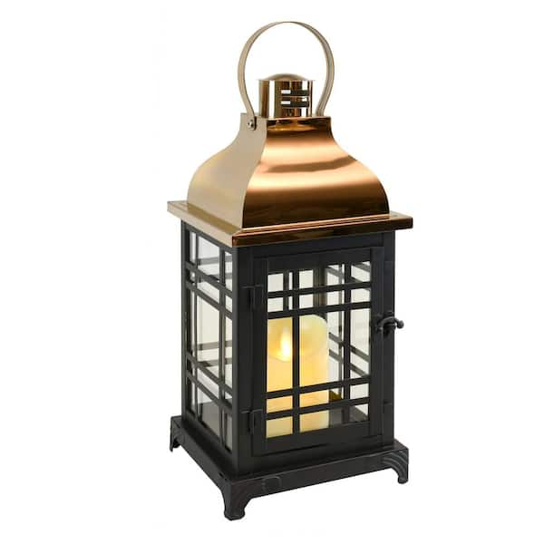 LUMABASE Metal Lantern with Moving Flame LED Candle - Black with