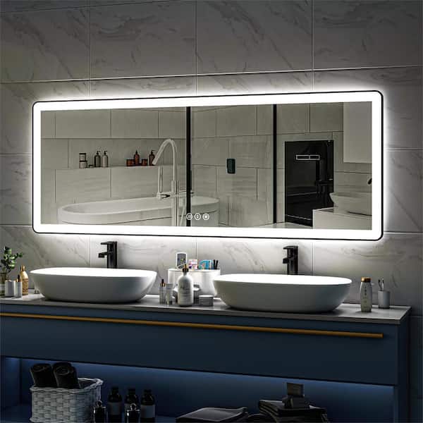 ORGANNICE 84 in. W x 32 in. H Rectangular Framed LED Anti-Fog Wall Mount Bathroom Mirror in Black with Backlit and Front Light
