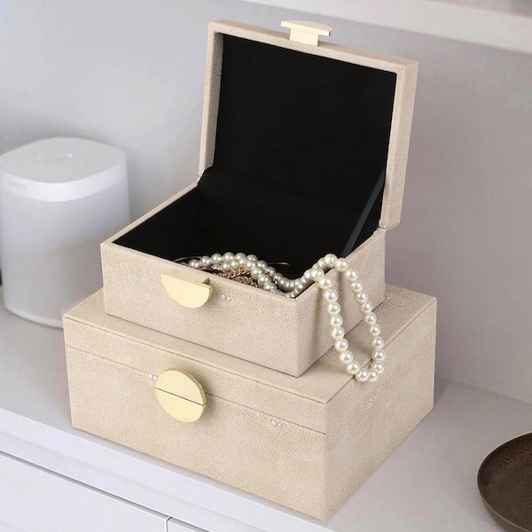 Beige 9 in. x 4 in. Faux Leather Decorative Box Set of 2
