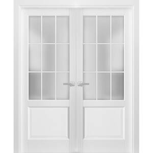 3309 56 in. x 80 in. In-Swing Frosted White Finished Pine Wood Sliding Door with Handles