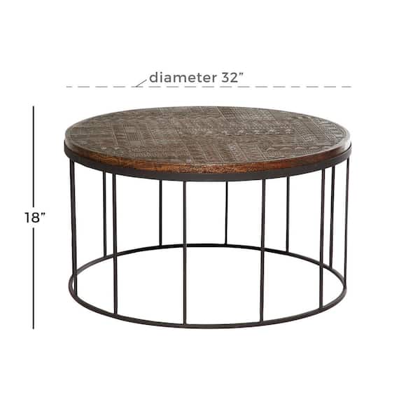 Litton Lane 32 In Brown Black Medium, Round Wooden Coffee Table With Metal Base