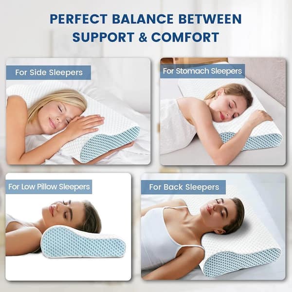 Queen Size Pillow Contour Memory Foam Pillows for Sleeping White and Blue