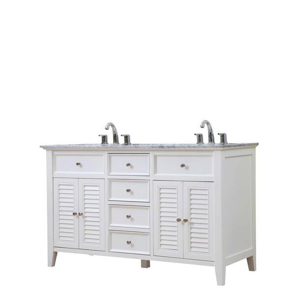 Direct vanity sink Shutter 60 in. Vanity in White with Marble Vanity Top in White Carrara with White Basins
