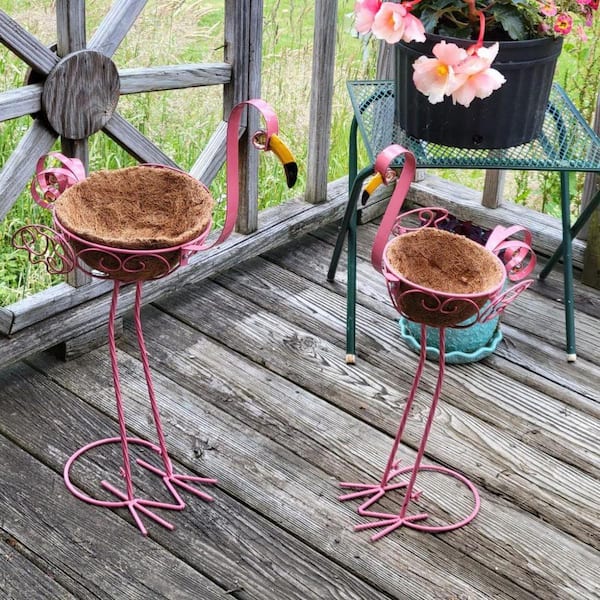 Set of 2 Pink Metal Flamingo Indoor/Outdoor Planters with Basket