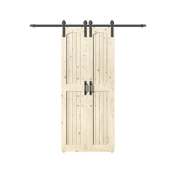 Assembled Arch Top 36 in. x 84 in. Solid Core Knotty Pine Wood Unfinished Sliding Door With Hardware Kit