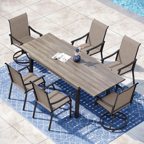 PHI VILLA Black 7-Piece Metal Outdoor Patio Dining Set with Slat Wood-Look Extendable Table and Textilene Swivel Chairs