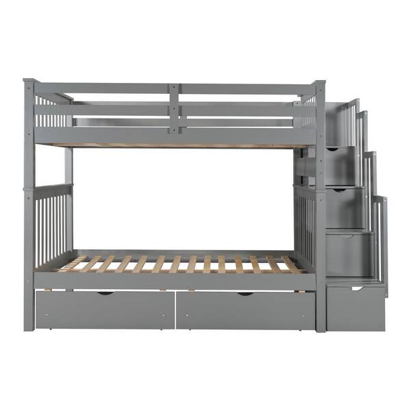 Qualler Gray Full Over Full Bunk Bed With Shelves And 6 Storage Drawers 