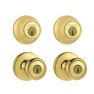 Tylo Polished Brass Exterior Entry Door Knob and Single Cylinder Deadbolt Project Pack Combo Pack