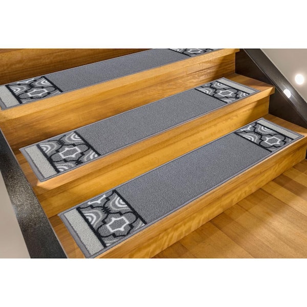 RugStylesOnline Trellis Border Custom Size Gray 9 in. x 32 in. Indoor Carpet Stair Tread Cover Slip Resistant Backing (Set of 3)
