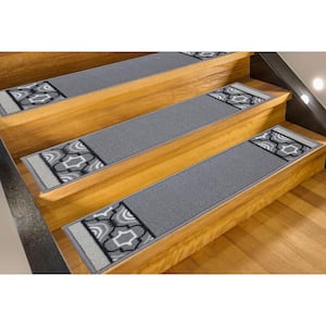 Trellis Border Custom Size Gray 6.5 in. x 32 in. Indoor Carpet Stair Tread Cover Slip Resistant Backing (Set of 13)