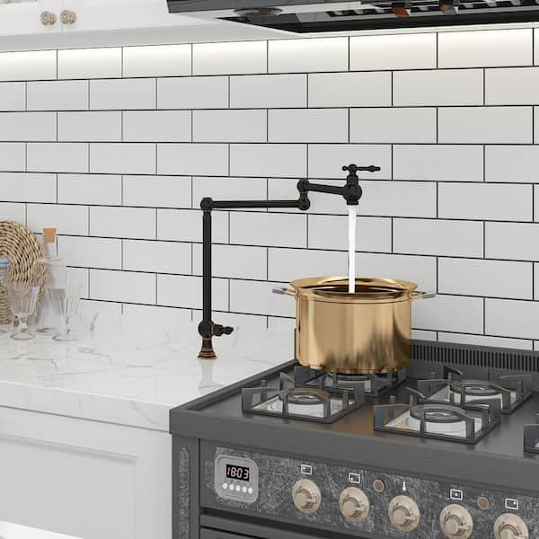 Residential Deck Mount Folding Pot Filler Kitchen Faucet with Dual Handles and Extended Swinging Joints in Rubbed Bronze