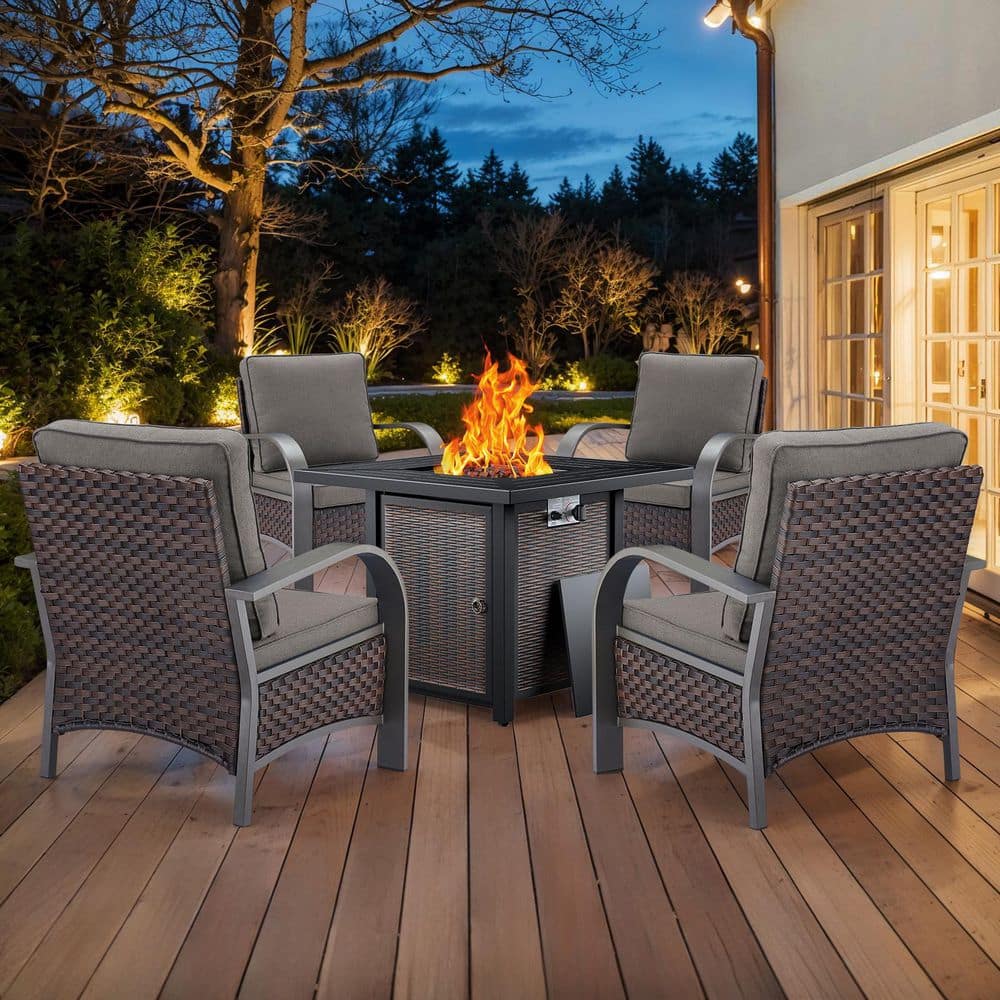 Carlos 5-Piece Wicker Patio Conversation Set with Armchair, Firepit and Gray Cushions price history on PriceWatchPro