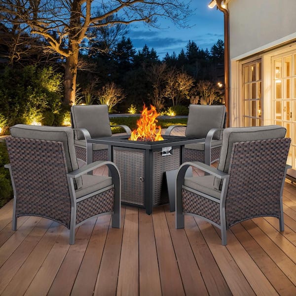Carlos 5-Piece Wicker Patio Conversation Set with Armchair, Firepit and Gray Cushions