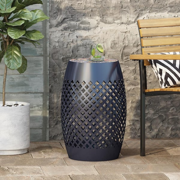 Noble House Roswell Darl Blue Cylinder Metal Outdoor Patio Side Table with Multi-Color Tile Top