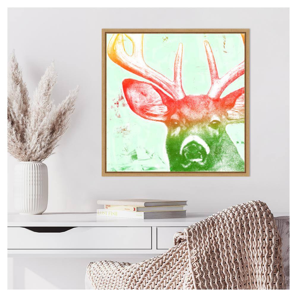 22"x22" Colorful Deer Portrait on Canvas with Maple Frame