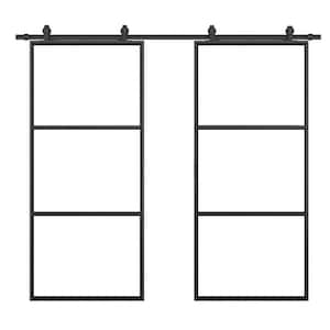 72 in. x 84 in. Clear Glass Black Steel Frame Interior Double Sliding Barn Door with Hardware Kit and Door Handle