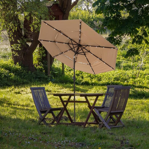 Unbranded 8.8 ft. Aluminum 3 Tiers Market Patio Umbrella in Beige With 32 LED Lights and Push Button Tilt, Crank and 8 Ribs