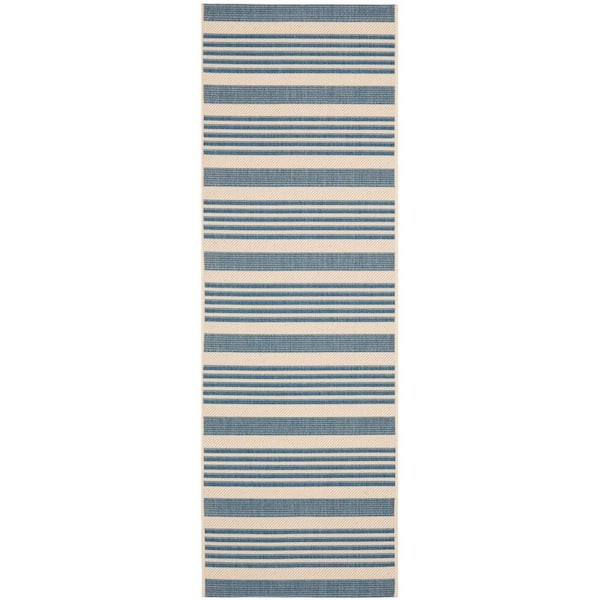 Courtyard Beige/Blue 2 ft. x 12 ft. Striped Indoor/Outdoor Patio  Runner Rug