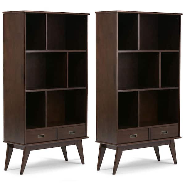 Draper 64 in. Tall Medium Auburn Brown Solid Wood 6-Shelf Mid-Century Modern Cubbie Bookcase with Drawers (Set of 2)