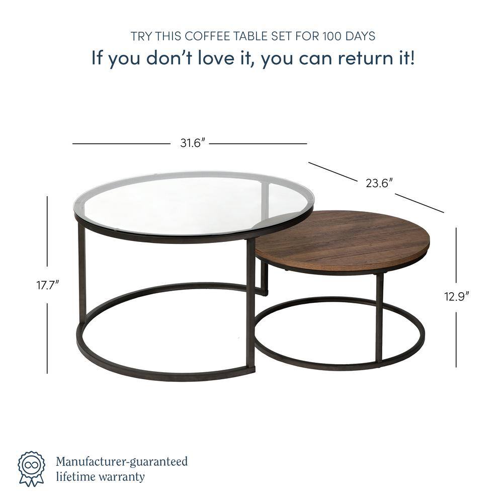 Stella 32" Round Rustic Oak and Glass Nesting Coffee Table Set