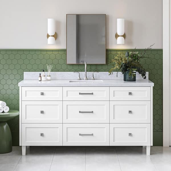 Monroe 66 in. W x 22 in. D x 36 in. H Single Bath Vanity in White with Italian Carrara Marble Top