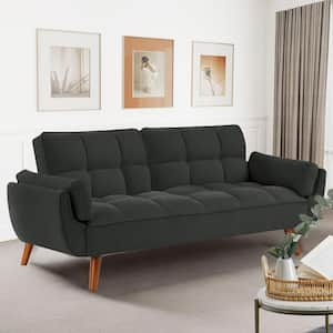 Dark Gray 75.39 in. Wide Linen Arm Chair Convertible Futon Sofa Bed with Pillow Top Armrests for Small Spaces