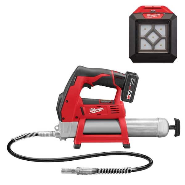 Milwaukee M12 12V Lithium-Ion Cordless Grease Gun XC Kit with M12 LED Flood Light