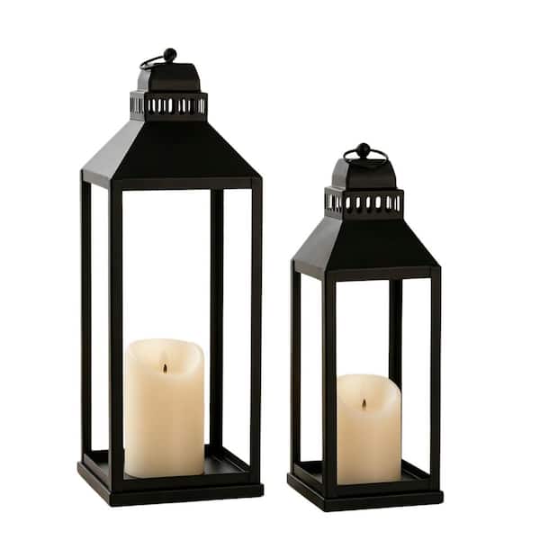 17 in. x 5.7 in. Black Metal Lantern with LED Candle, farmhouse style for Indoor and Outdoor Use, w/timer remote control