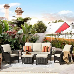 Adelina Brown 5-Piece Wicker Outdoor Patio Conversation Seating Set with Beige Cushions