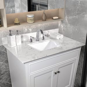 31 in white bathroom vanity top stone carrara with rectangle under-mount ceramic sink and backsplash with 3 faucet holes